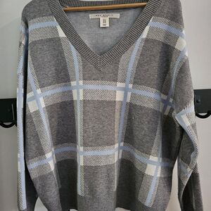 Max Studio Gray and Blue Plaid V-Neck Sweater